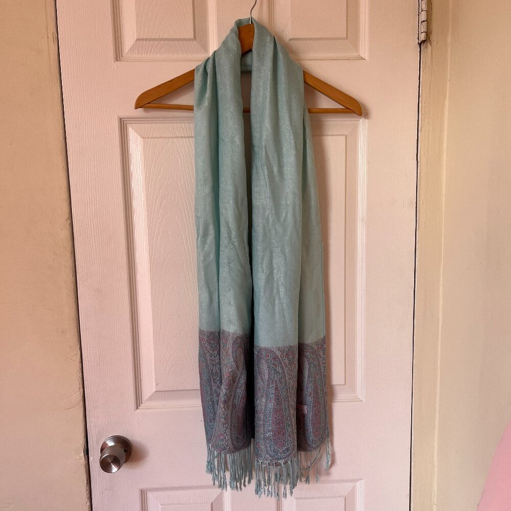 Blue Scarf with Paisley Details and Tassels